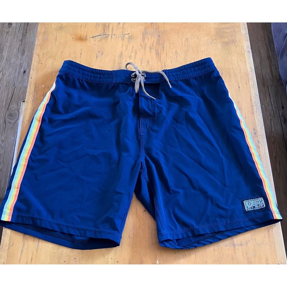 Moondoggies Surf Shop Board Shorts Mens 32 Navy Blue Rainbow Stripe Retro Trunks